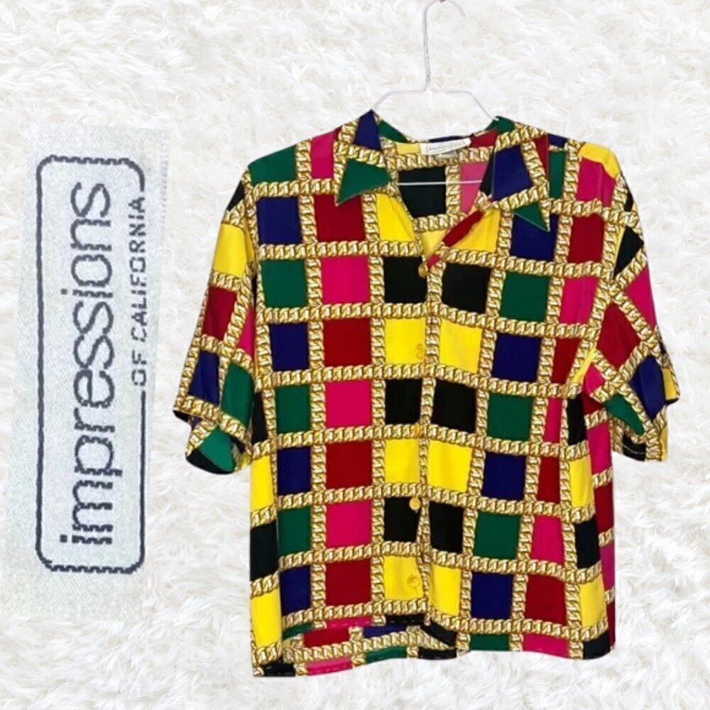 Women’s Size 12 Impressions of California Blouse Gold Block Vintage USA Rainbow